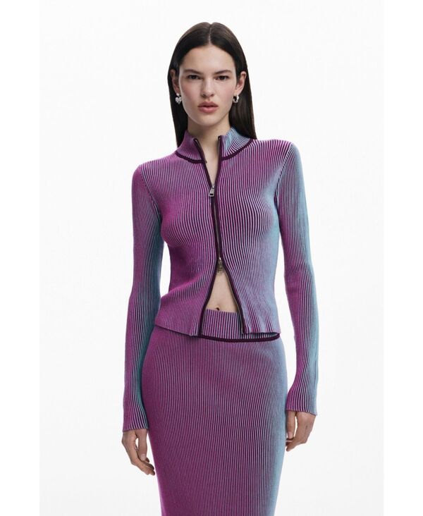 デジグアル レディース アウター ニット・セーター カーディガン Desigual Womens Vertical striped zipper cardigan Purple パープル