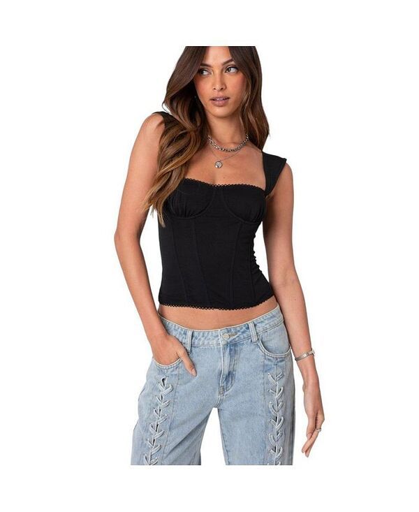 アディクテッド レディース トップス シャツ メッシュ Edikted Womens Marcella Wide Strap Mesh Corset Top Black ブラック