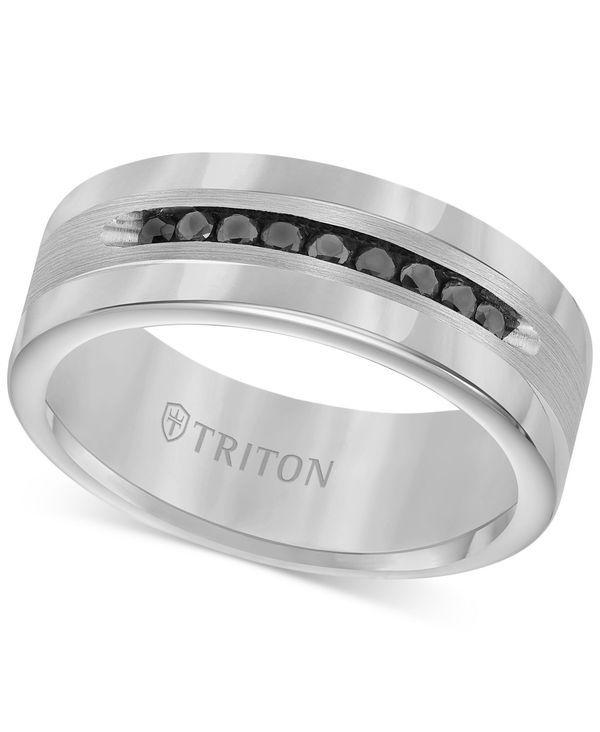 トリトン メンズ アクセサリー リング Triton Mens Tungsten and Sterling Silver Ring ChannelSet Black Diamond Accent We