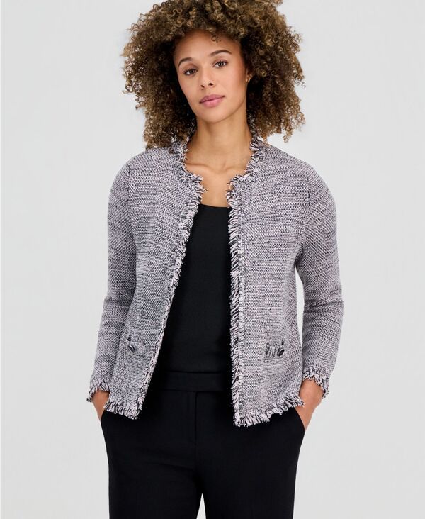 カスパール レディース アウター ニット・セーター ツイード カーディガン フリンジャケット Kasper Womens Tweed Fringed Cardigan Jacketutu Pink M 12,854円