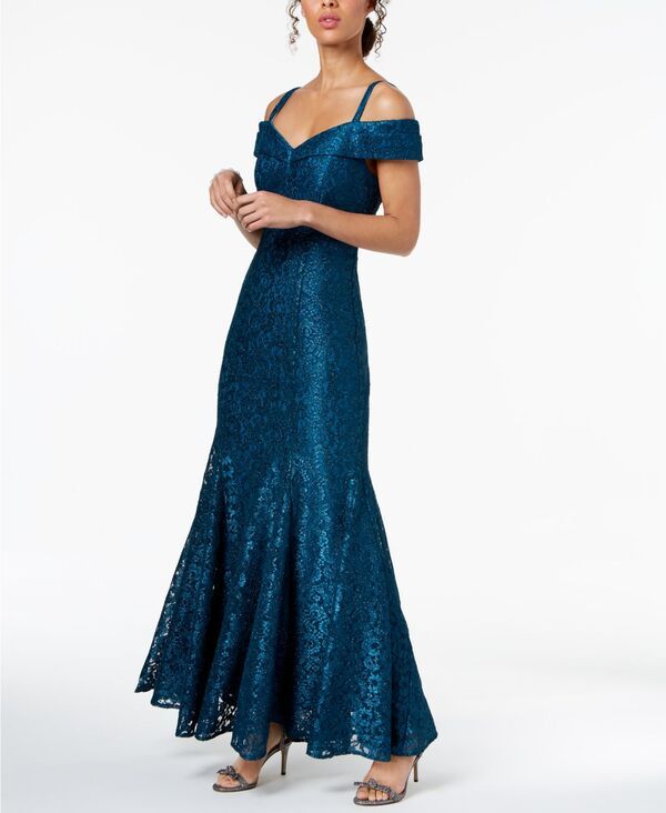アールアンドエムリチャーズ レディース トップス ワンピース レース R M Richards OffTheShoulder Lace Gown Peacock Blue ブルー