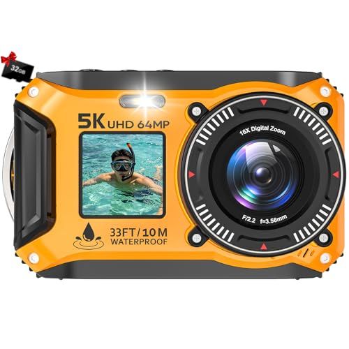 デジカメ 5K録画 64MP 水中カメラ 10M 防水 デュアルスクリーン 防水カメラ 自撮り オートフォーカス 16倍デジタルズーム ウェブカメラ 32GB付き 操作簡単 防塵 コンパクト 浮力ボディ設計 アウトドア ダイビング用 きいろpms