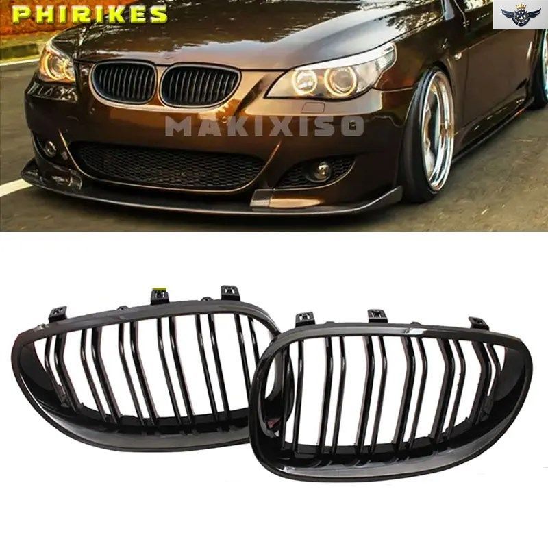 車のフロントバンパーグリル、キドニーグリル、レーシンググリル、BMW E60 E61 5シリーズ 2003-2009 グロスダブルスラット