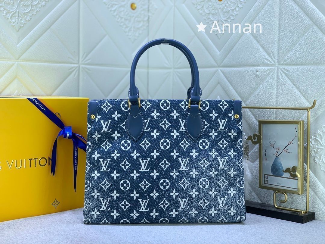 ルイヴィトン　LOUIS VUITTON　ハンドバッグ モノグラム ジャガードデニム　オンザゴー MM　2WAY トートバッグ　ショルダーバッグ　ハンドバッグ　マリーヌ　ブルー