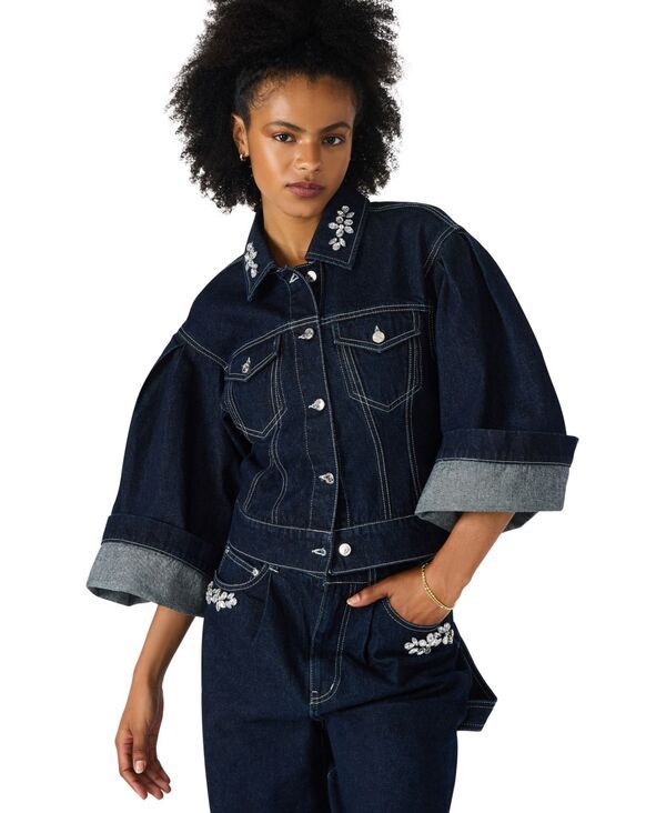 スティーブ マデン レディース アウター ジャケット・ブルゾン Steve Madden Womens Dorothy Bejeweled 34Sleeve Jacket Bijou Blue ブルー