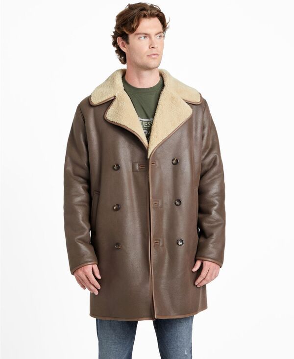 ゲス メンズ アウター ジャケット・ブルゾン コート レザー フェイクレザー GUESS Mens Double Breasted Faux Leather Coat Dark Brown Earth 40,820円