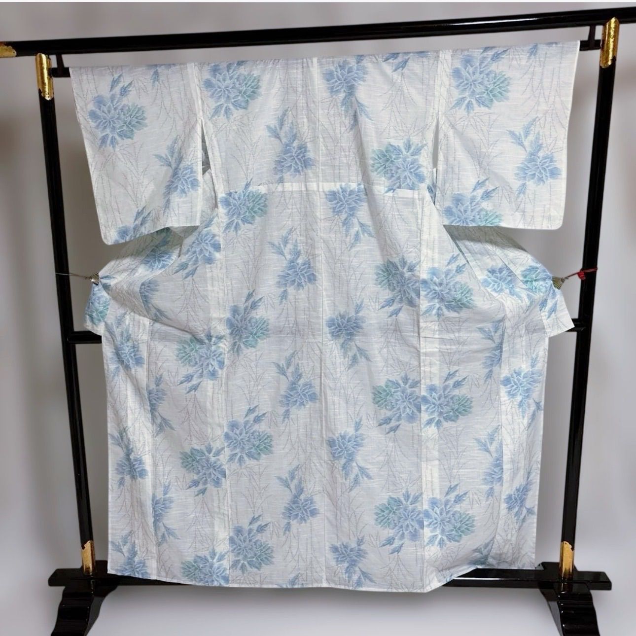 未使用級　小千谷縮　単衣　麻　フルセット 夏着物 美品　夏帯　夏帯締め　夏帯揚げ 未着用 小千谷縮風 夏着物 フルセット 麻混合着物 半幅帯 夏帯締め