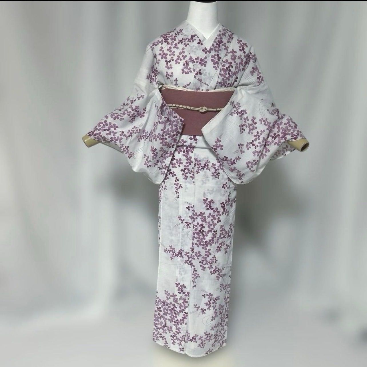 未着用 麻混 夏着物 フルセット 小紋 萩 夏帯 夏帯締め 夏帯揚げ