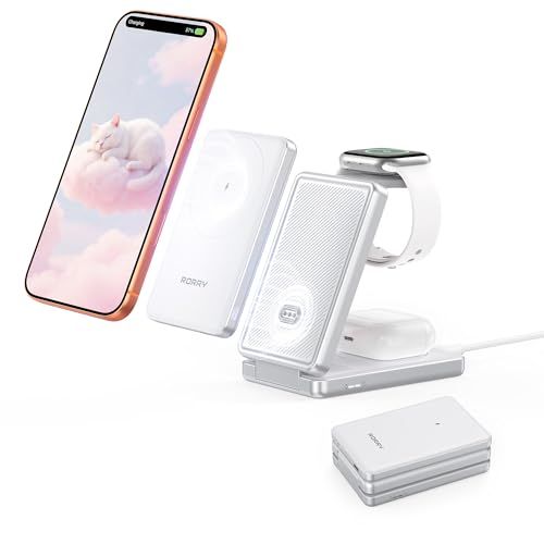 RORRY AuraDock ワイヤレス充電器 4in1【業界初 着脱式搭載 3in1進化 最大20W急速充電】magsafe対応 4台同時充電ステーション 15W/5W マグネット 折りたたみ式 5000mAh iPhone17/16/15/14/13/ts