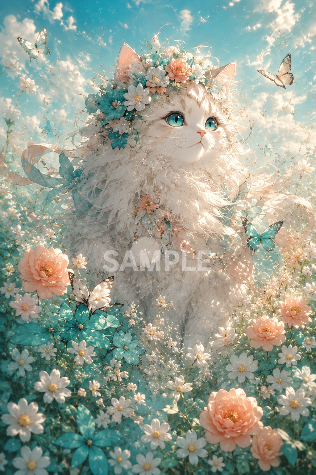 736 幻想的 白猫 フラワーキャット アートポスター 2Lサイズ