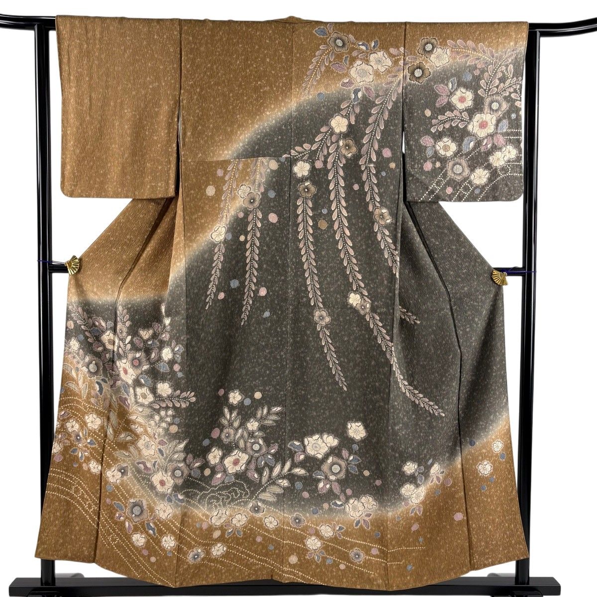 ［6147］訪問着 辻ヶ花 ぼかし しつけ付 正絹 着物 袷 美品】 訪問着 身丈155cm 裄丈63cm S 袷 辻が花柄 波 ぼかし 茶色 正絹