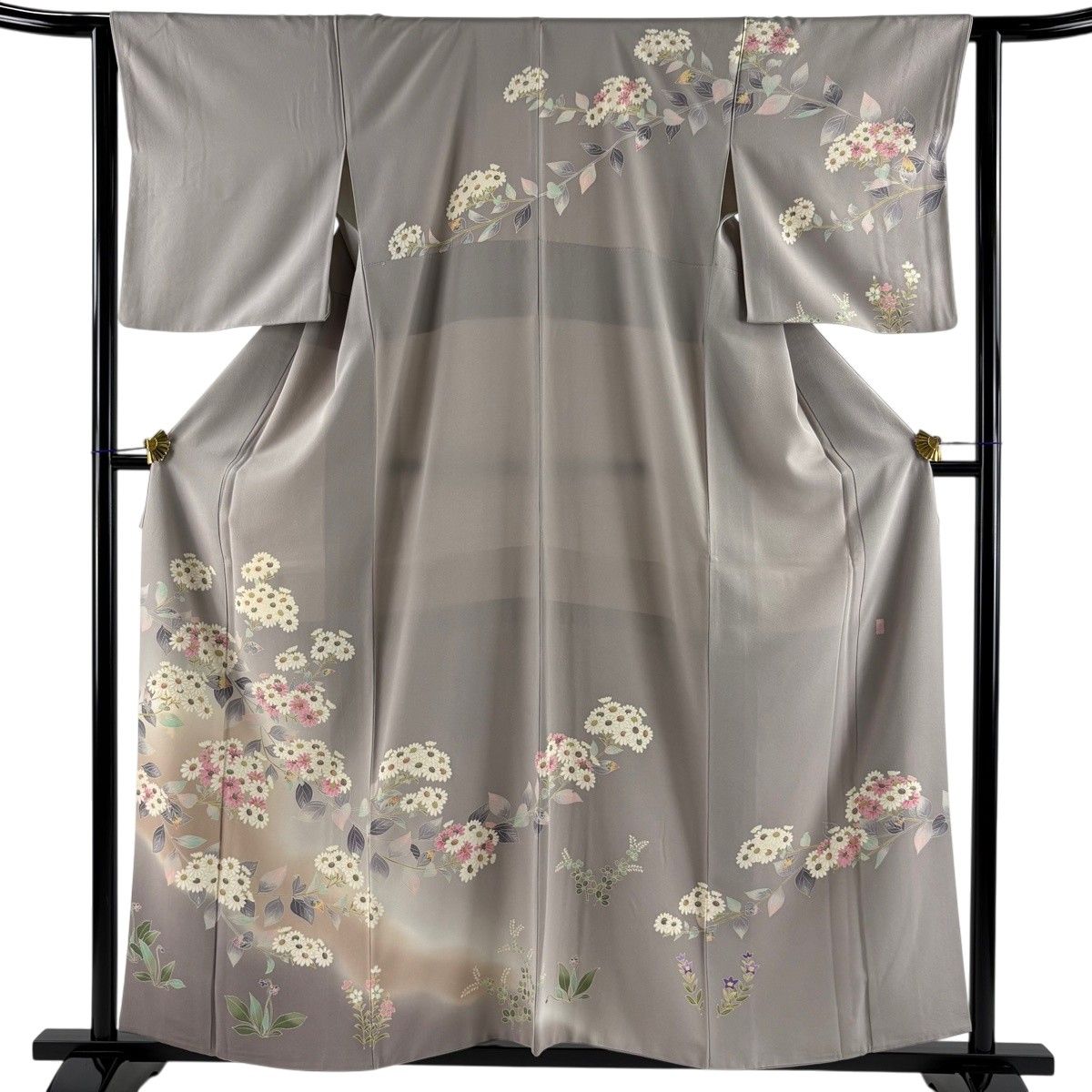 訪問着 身丈157.5cm 裄丈63.5cm S 袷 秀一 落款 草花 染め分け ぼかし 灰紫 正絹 名品 【中古】