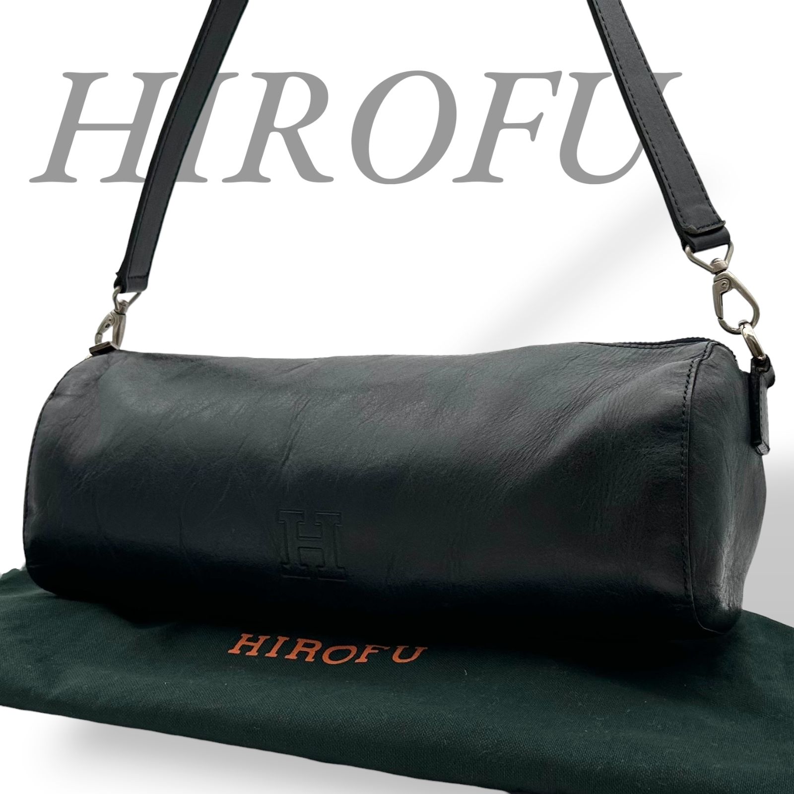 B5812】 HIROFU ヒロフ ショルダーバッグ ネイビー レザー ドラム 筒型
