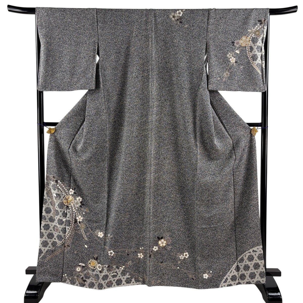 美品】 訪問着 身丈165.5cm 裄丈66.5cm M 袷 桜 藤 金糸 金彩 黒灰