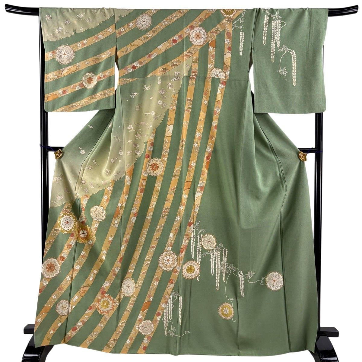 競ナビ】訪問着 名品 菊 桜 金糸 金彩 薄緑 袷 身丈158cm 裄丈64.5cm M