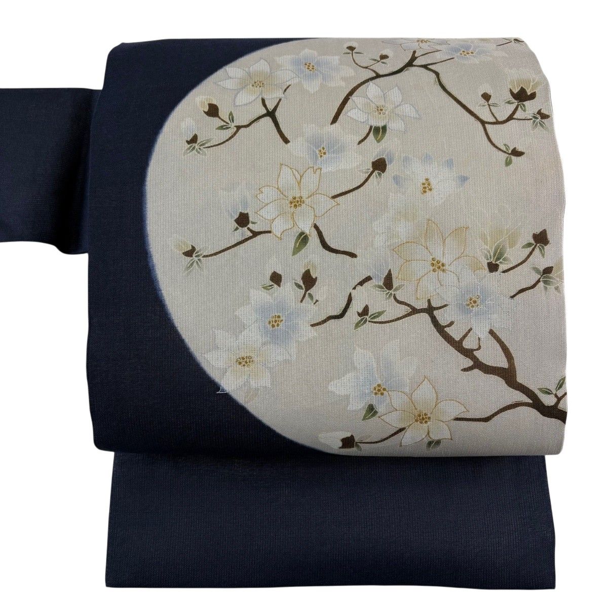 【美品】 名古屋帯 名品 夏帯 絽 枝花 金銀彩 濃紺 正絹 【中古】