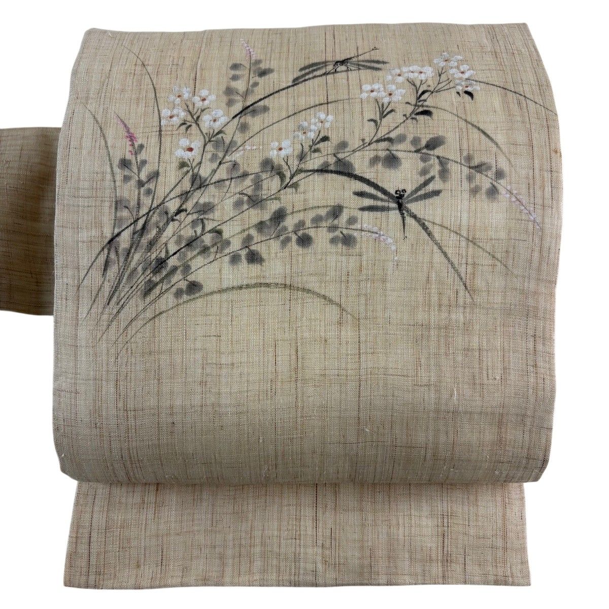名古屋帯 名品 落款 夏帯 草花 トンボ 薄茶色 麻 【中古】