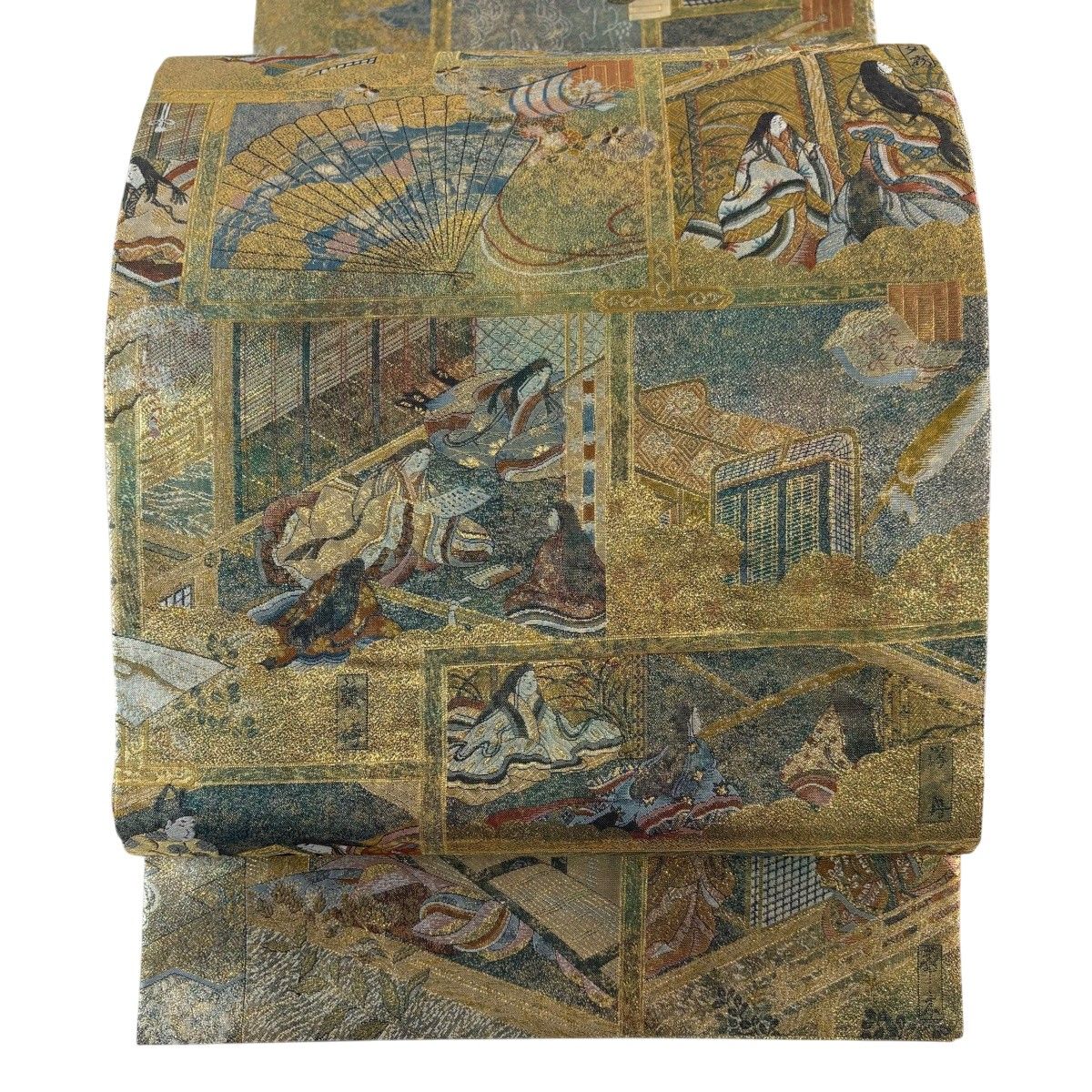 【美品】 丸帯 名品 落款 徳川美術館秘蔵 紫式部 源氏物語名鑑 人物 桧扇 箔 金糸 金色 お太鼓柄 正絹 【中古】