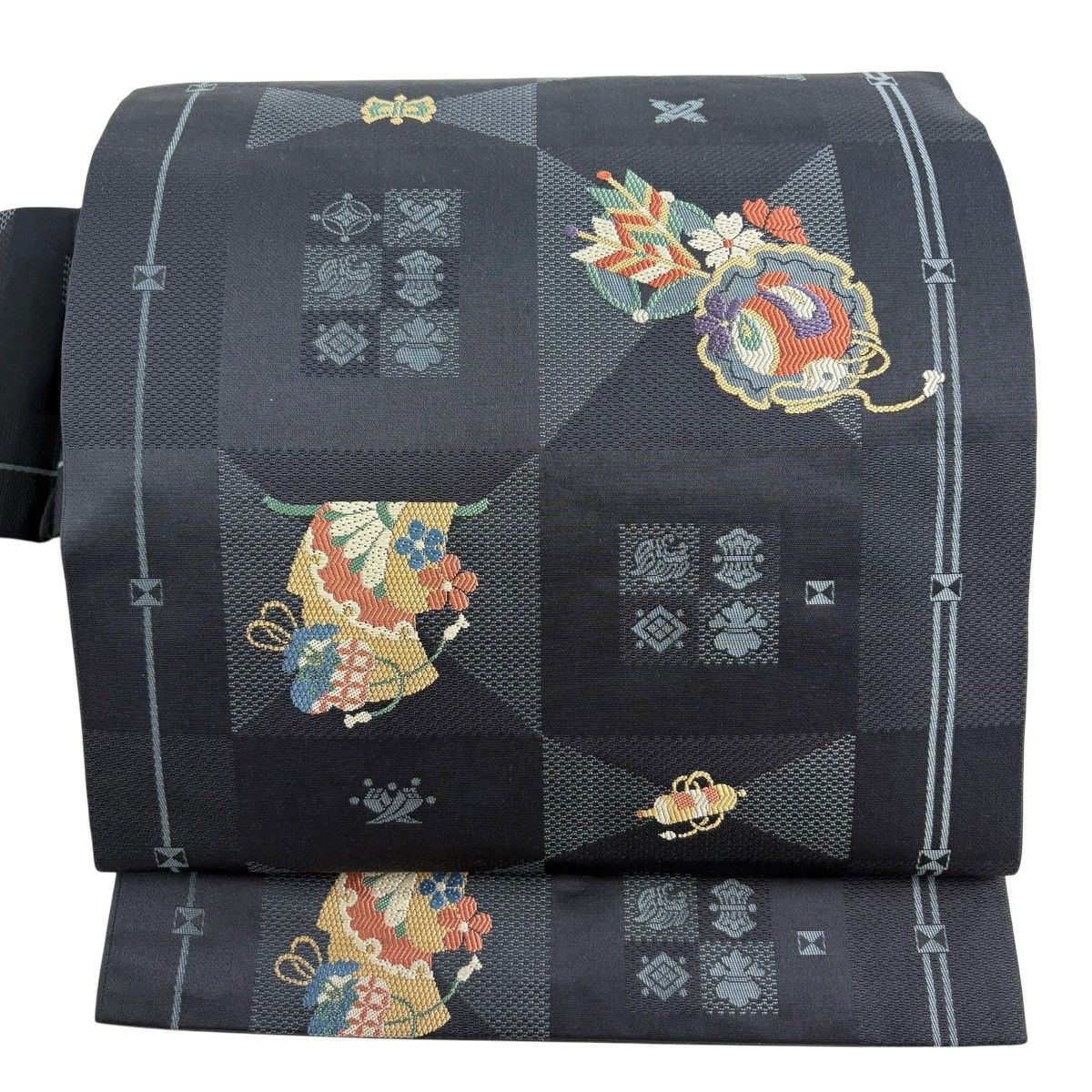 【美品】 名古屋帯 秀品 宝尽くし 雪輪 濃紺 正絹 【中古】