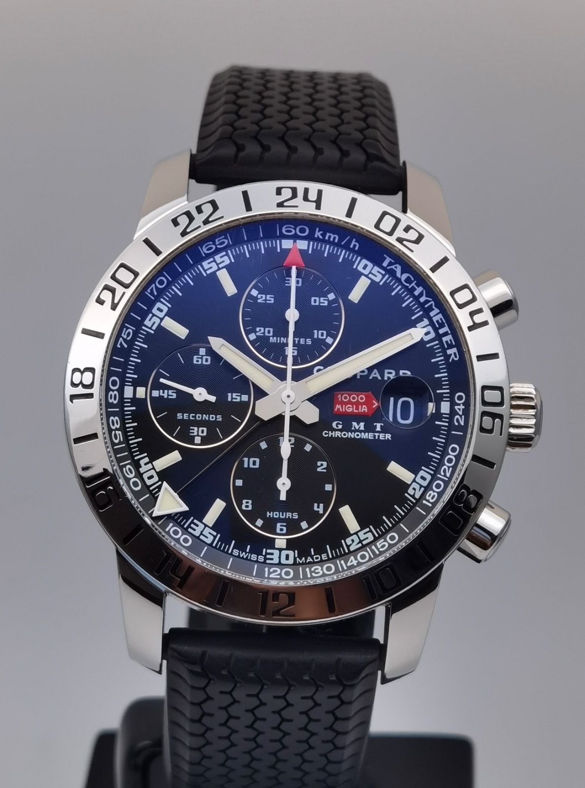 中古 ショパール Chopard 8992 ミッレミリア GMT 16/8992 クロノグラフ デイト SS ラバーベルト ブラック文字盤 自動巻き メンズ 腕時計 190,000円