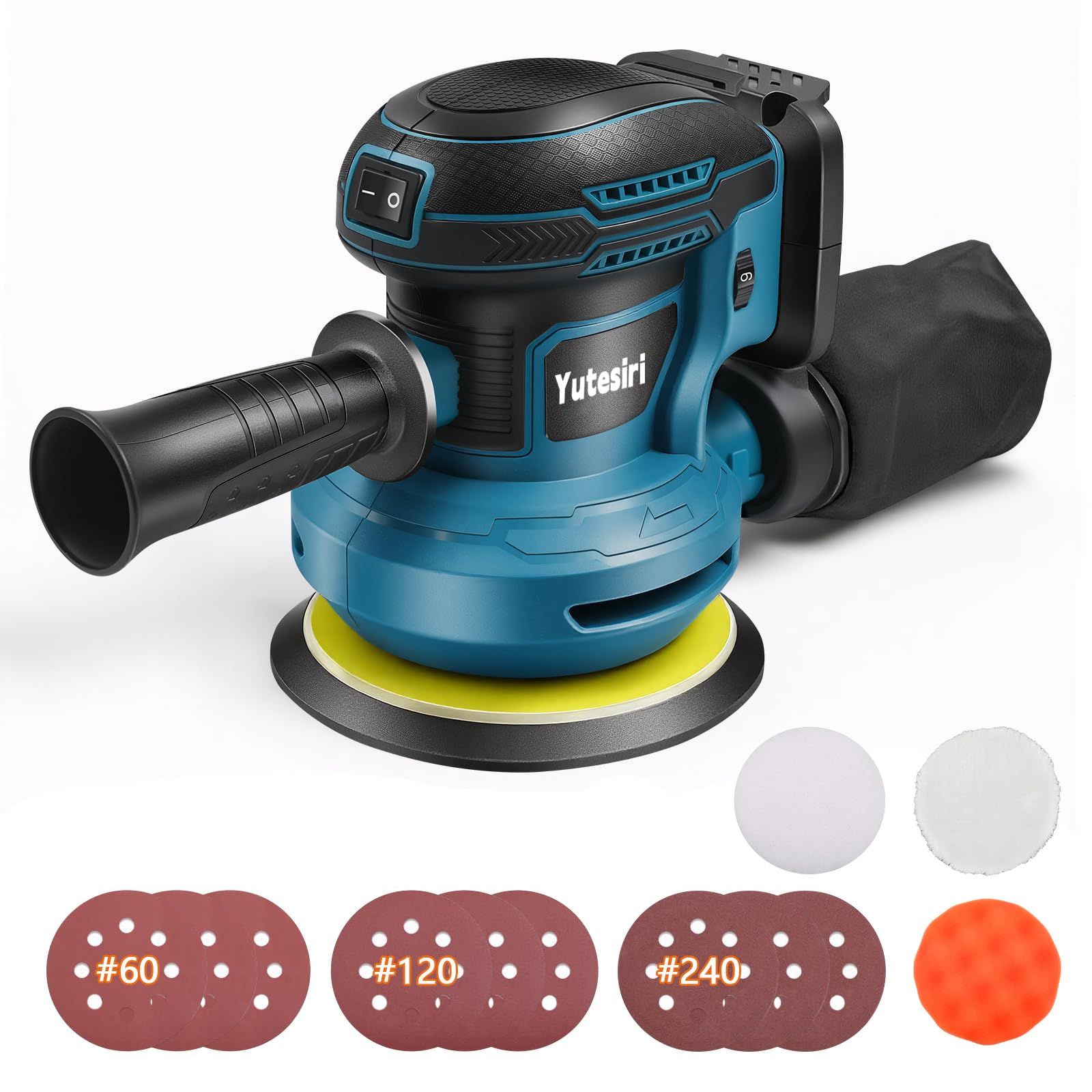 電動サンダー 電動ランダムサンダ 125mm マキタ18Vバッテリー互換 回転数 6000-12000RPM 6段階変速機能 高効率集塵機能 9枚125mmサンドペーパー（#60/#120/#240各3枚） 補助ハンドル付き 低騒音 ポリッシ f5926bb5