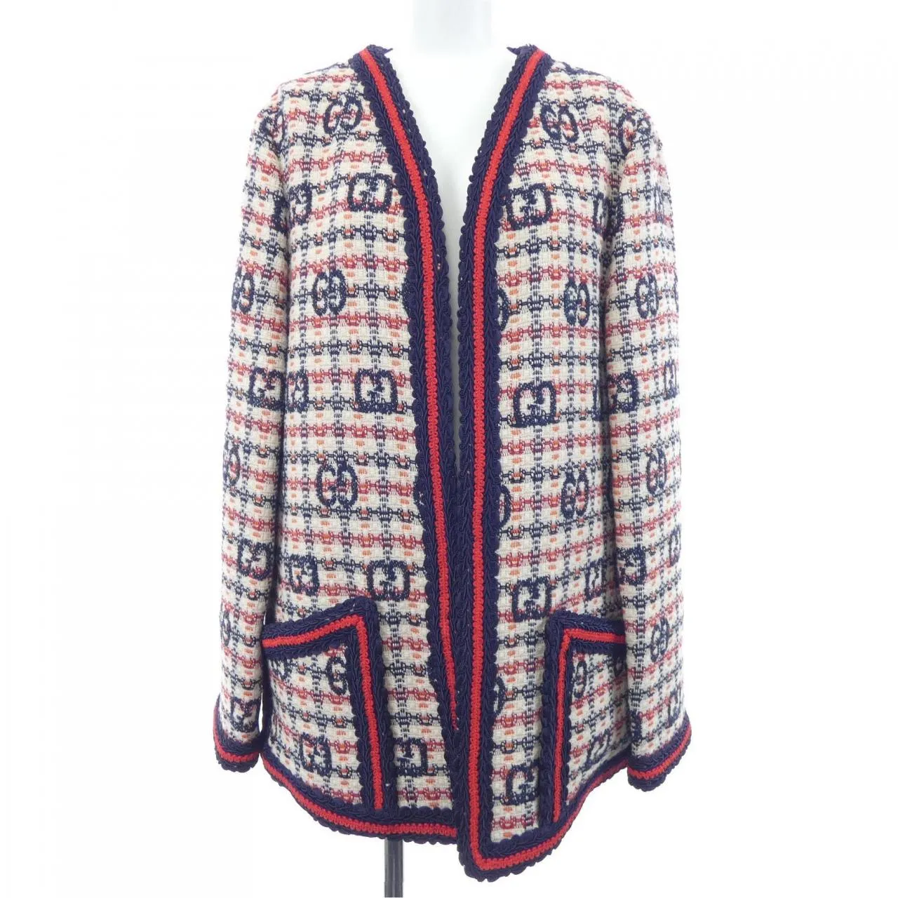 GUCCI ノーカラージャケット36 ネイビー レッド 名作 高級 レディース グッチ GUCCI 610060 ZADEH ノーカラージャケット(目立った傷や汚れ