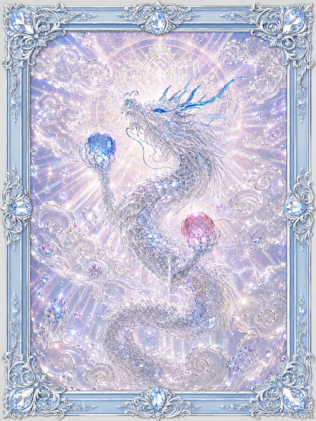 クリスタルアート／クリスタルピクチャー／龍／昇龍／アートパネル エネルギーアート／龍神 昇竜 白龍 開運絵画 風水 金運 厄除け 魔除け