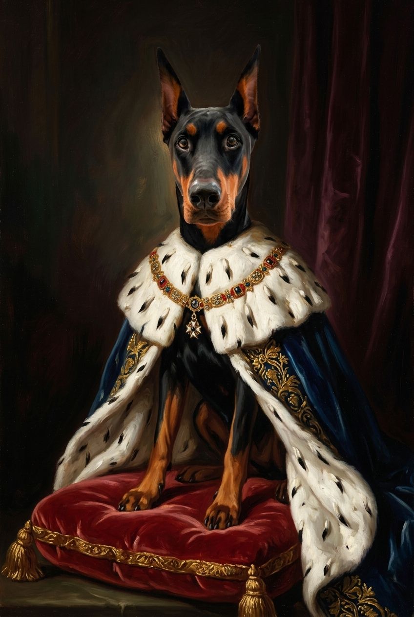 犬（ドーベルマン）のルネサンス風肖像画 油絵風アートA4額装