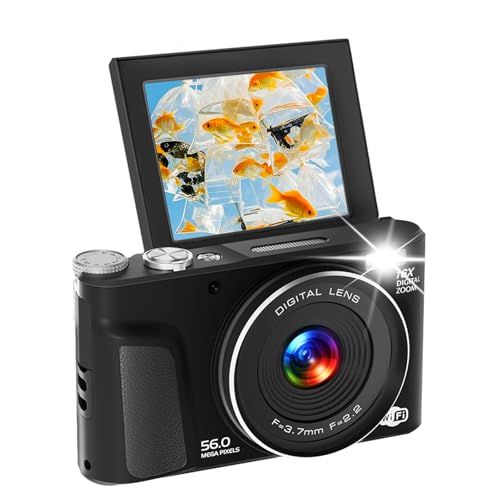 デジタルカメラ 5K スマホに送れる デジカメ 5600万画素 64GBマイクロSDカード付き 16X 180°回転 オートフォーカス機能 LEDライト ウェブカメラ 2.8インチ大画面 バッテリー2枚 コンパクト 初心者/子供/自撮り/修学旅行/Vlog/i