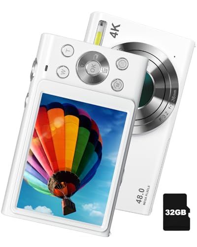 デジタルカメラ 4K オートフォーカス 4800万画素 【32GB SDカード + 予備バッテリー付】 デジカメ 初心者セット AF機能 3cmマクロ 動画撮影 軽量 修学旅行 子供用 ホワイトi 1542078d