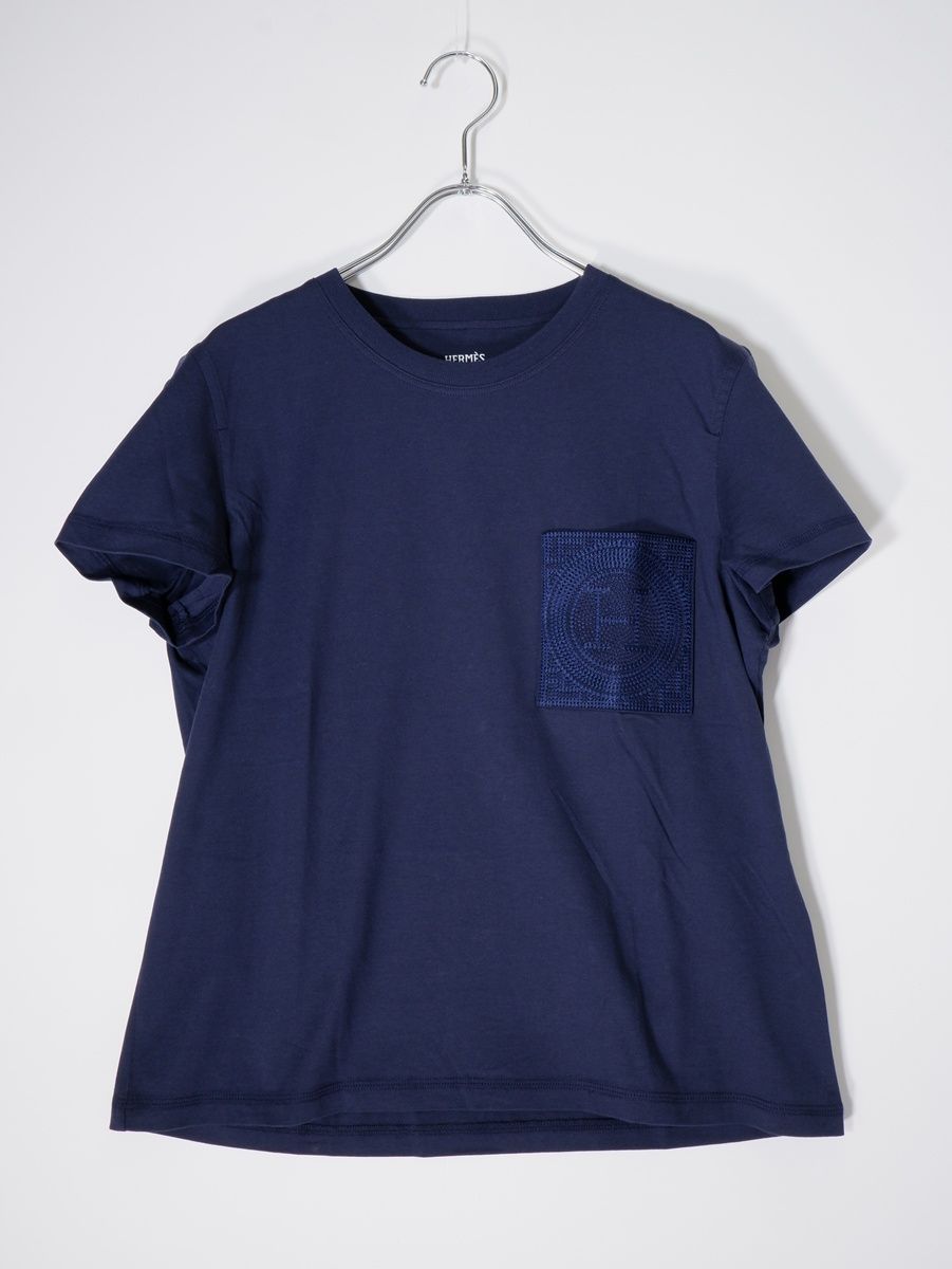 HERMES - 美品☆HERMES エルメス 23SS 3E4620DL コットン100％ H刺繍ポケット 半袖Ｔシャツ トップス ブルー系 38 フランス製 レディース HERMESエルメス 2023SS Mosaic H Logo Pocket T-Shirtモザイク Hロゴ