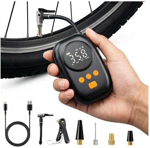 自転車 空気入れ 電動 Oziral超小型 電動ポンプ 最大120PSI 携帯エアポンプ 仏式/米式/英式バルブ対応 LEDライト デジタル気圧表示 自動停止 Type-C充電式 軽量 コンパクト 簡単操作 ロードバイク/MTB/クロスバイク 575dc7fc