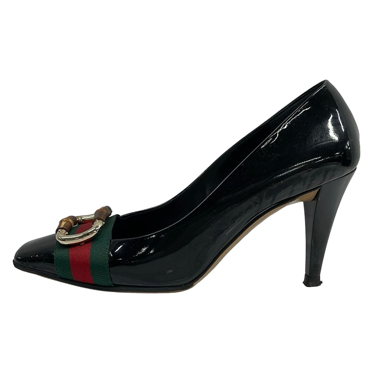GUCCI(グッチ) パンプス 37 C レディース - 154595 黒×グリーン×レッド シェリー(ウェブ)/バンブー/アウトソール張替済 レザー