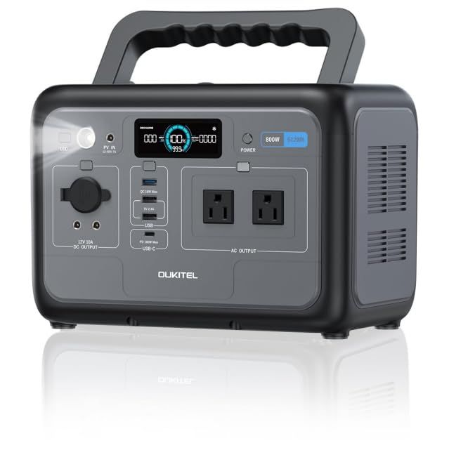 OUKITEL ポータブル電源 800W/512Wh リン酸鉄リチウム 長寿命 定格出力800W(瞬間最大1600W) AC/DC/USB出力 LEDライト付 UPS機能 PSE認証済 純正弦波 50Hz/60Hz MPPT制御 車中泊 家庭用 蓄電池 停ts