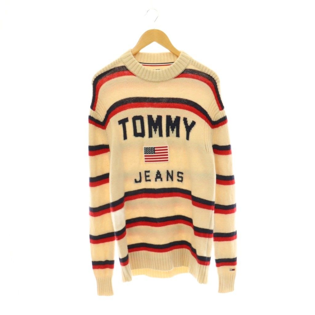 トミージーンズ TOMMY JEANS ニット セーター ボーダー ロゴ 星条旗 M アイボリー マルチカラー /DF ■GY01
