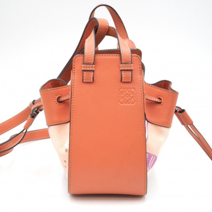 LOEWE（ロエベ）ハンモック ドローストリングバッグ ミニ ショルダーバッグ ハンドバッグ フローラル キャンバス レザー オレンジ レディース 【中古】