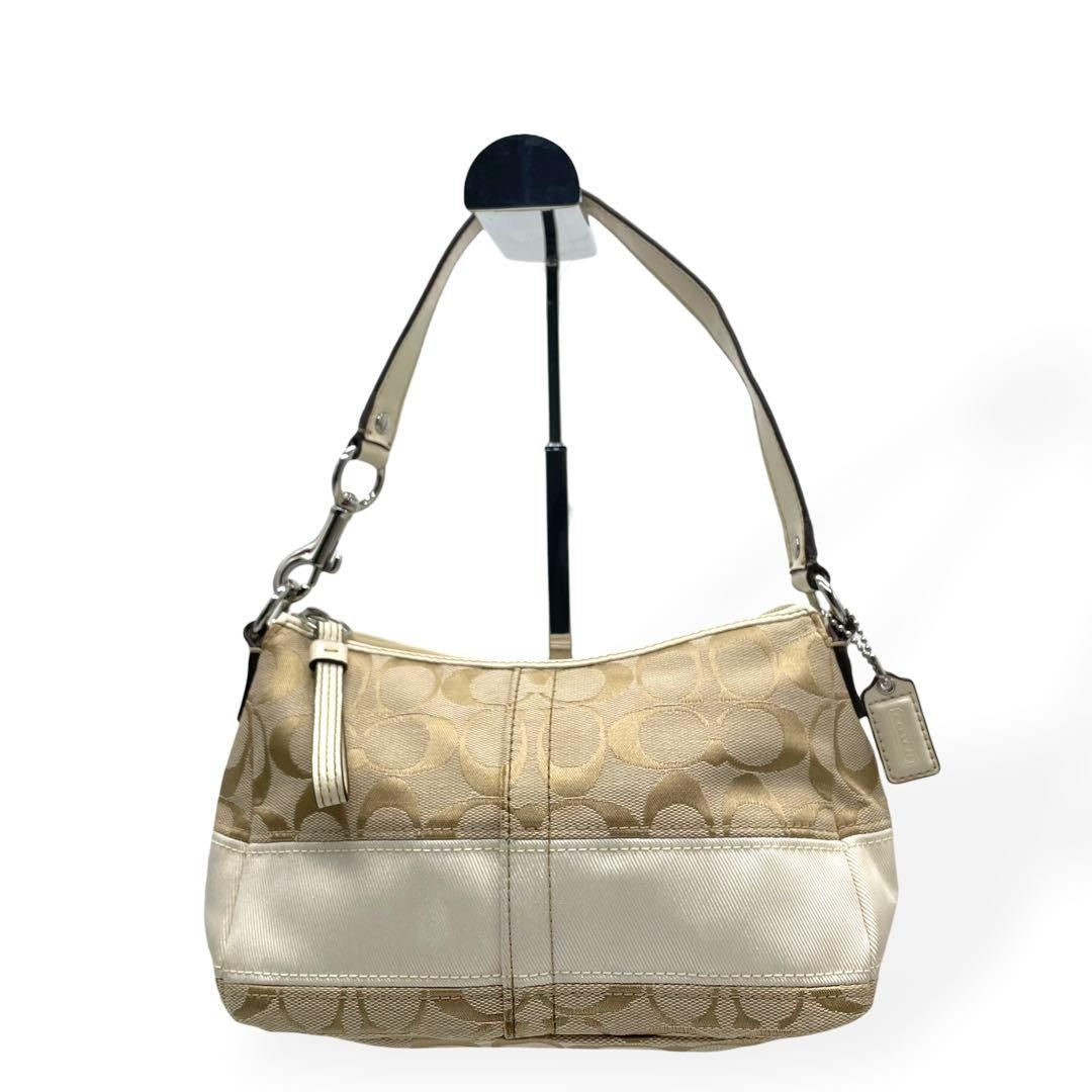 極美品　COACH コーチ　ハンドバッグ　肩掛け　キャンバス　レザー　ベージュ