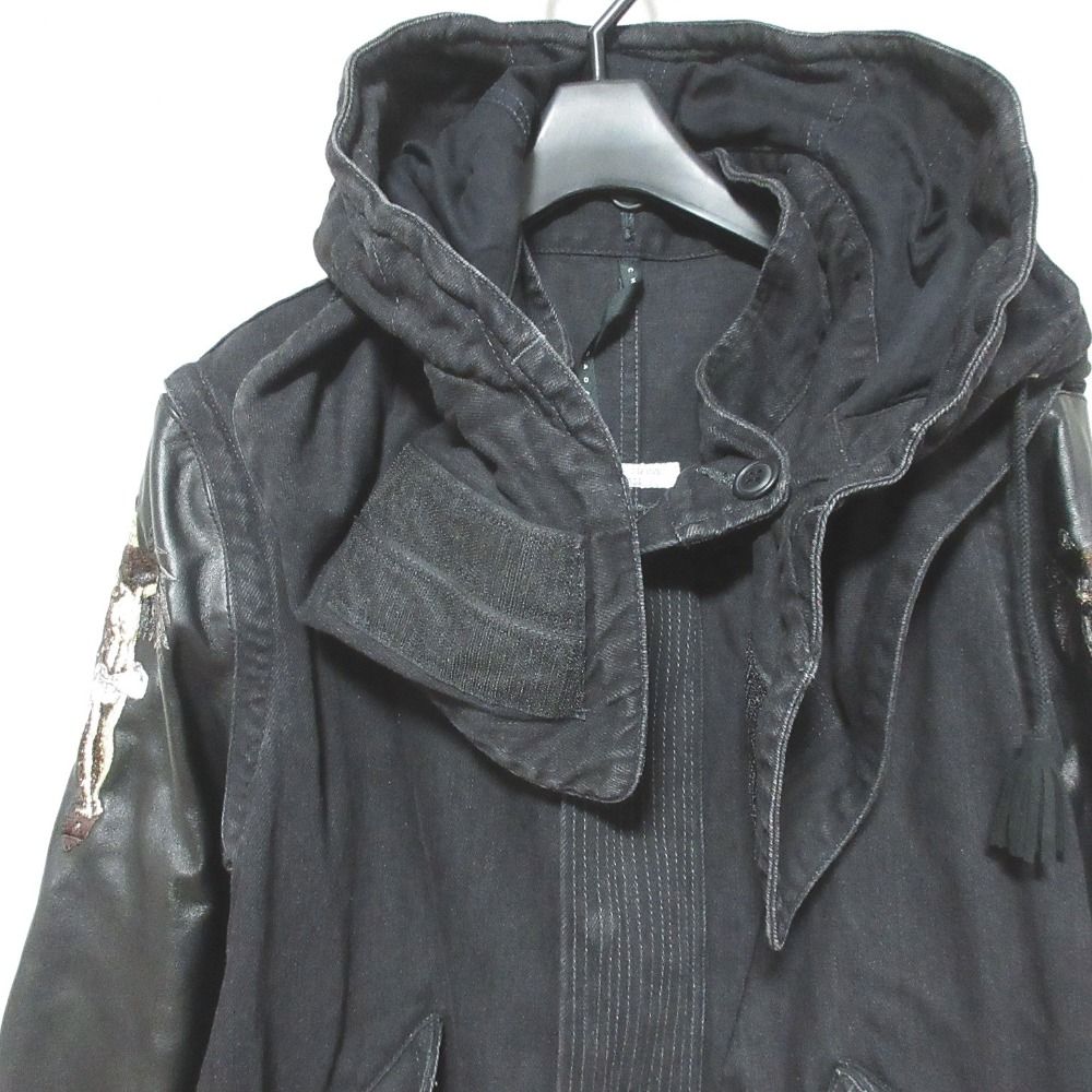 美品 CHRISTIAN DADA クリスチャンダダ 2way レザースリーブ デニム モッズコート サイズS ブラック メンズ 古着 中古 USED 美品 CHRISTIAN DADA クリスチャンダダ 2way レザースリーブ デニム