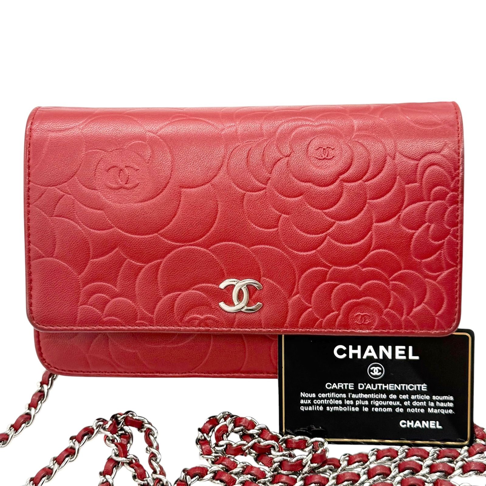 CHANEL　シャネル　チェーンウォレット　ラムスキン　カメリア　レッド　チェーン ショルダーバッグ　ココマーク　フラワー　フラップ　レディース　woc　シール/ギャラ有　肩掛け　斜め掛け　クロスボディ　ブランド　ハイブランド　5240