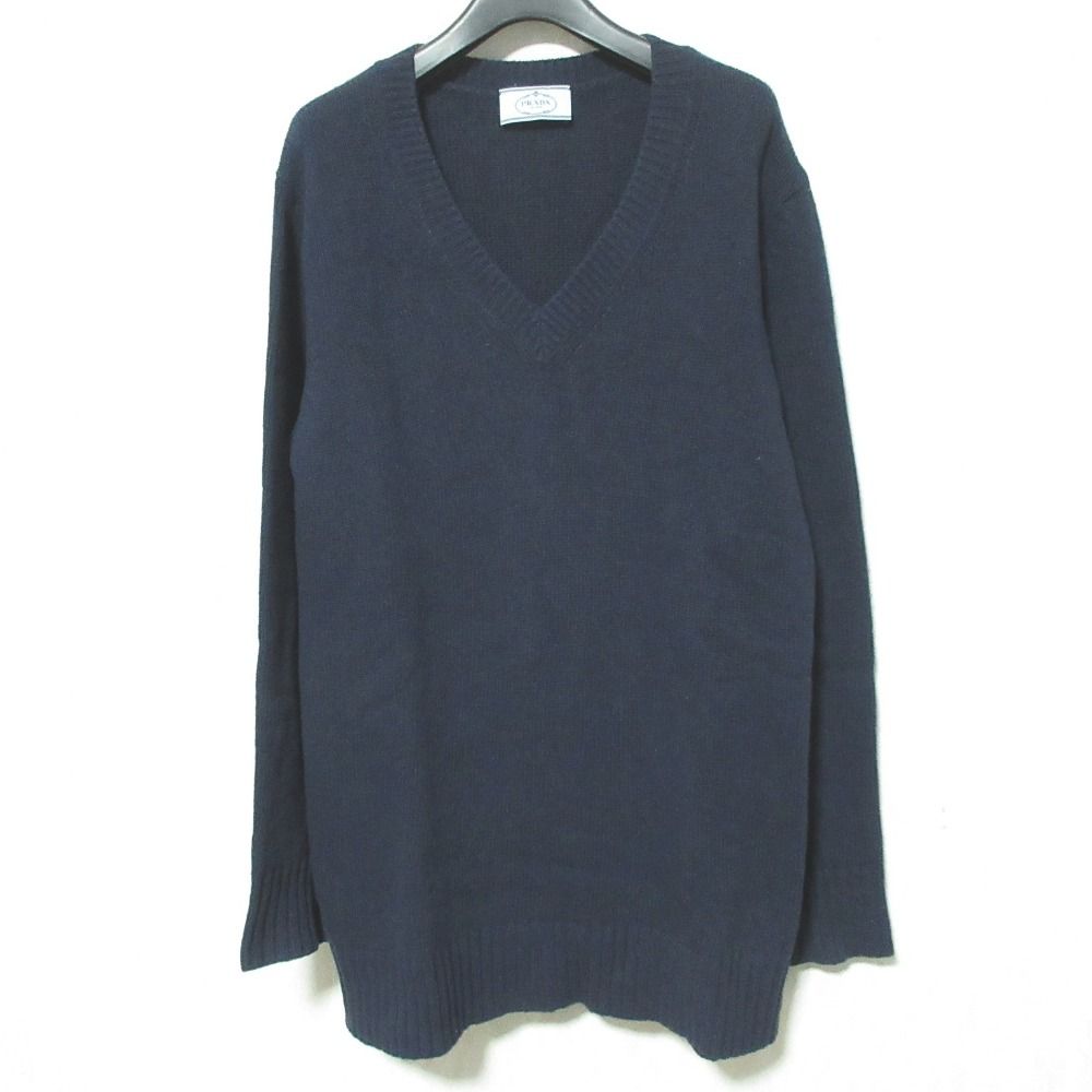 美品 PRADA プラダ Vネック カシミヤブレンド ウール ニット セーター サイズ40 ネイビー レディース 古着 中古 USED