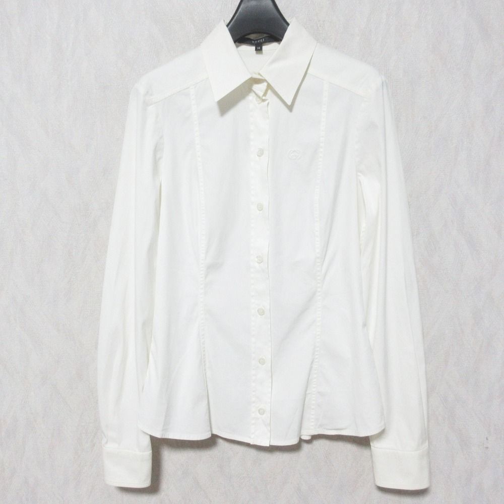 美品 GUCCI グッチ ロゴ刺繍 ストレッチ ブラウス 長袖シャツ サイズ38 オフホワイト レディース 古着 中古 USED 6,609円