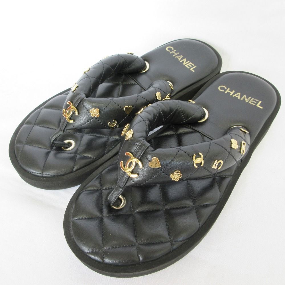 美品 CHANEL シャネル マトラッセ ココマーク レザー トングサンダル サイズ38C 24.0cm相当 ブラック レディース 古着 中古 USED 75,328円