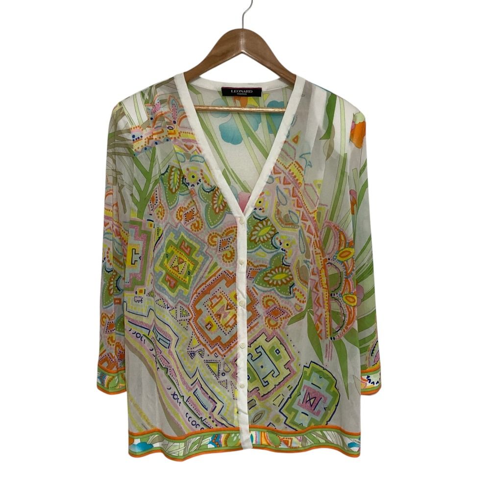 美品 LEONARD FASHION レオナールファッション フラワープリント カンカンストレッチ シアーニットカーディガン サイズ38 ホワイト レディース 古着 中古 USED