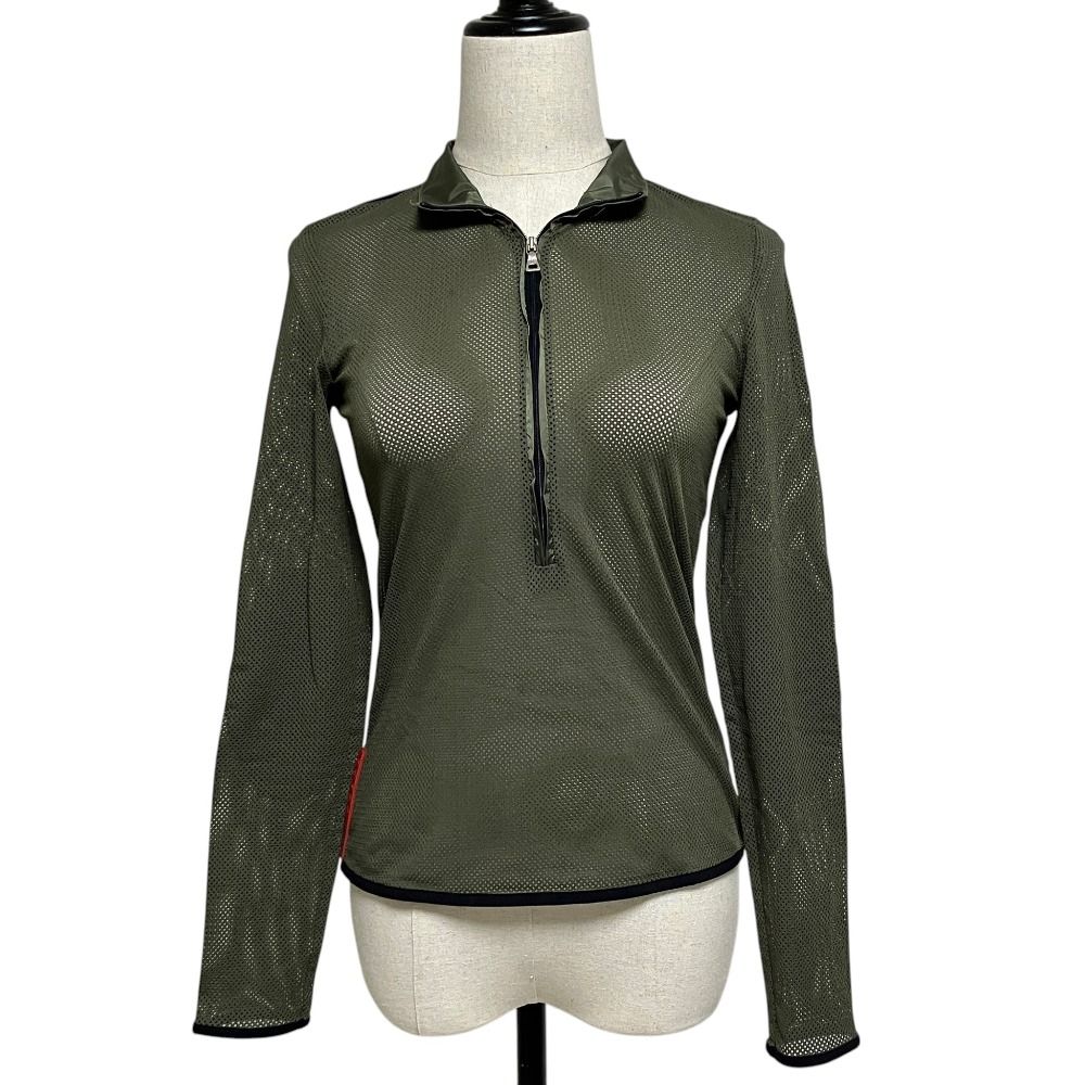 良品 PRADA SPORTS プラダスポーツ ロングスリーブ ハーフジップ メッシュシャツ トップス S カーキ レディース 古着 中古 USED
