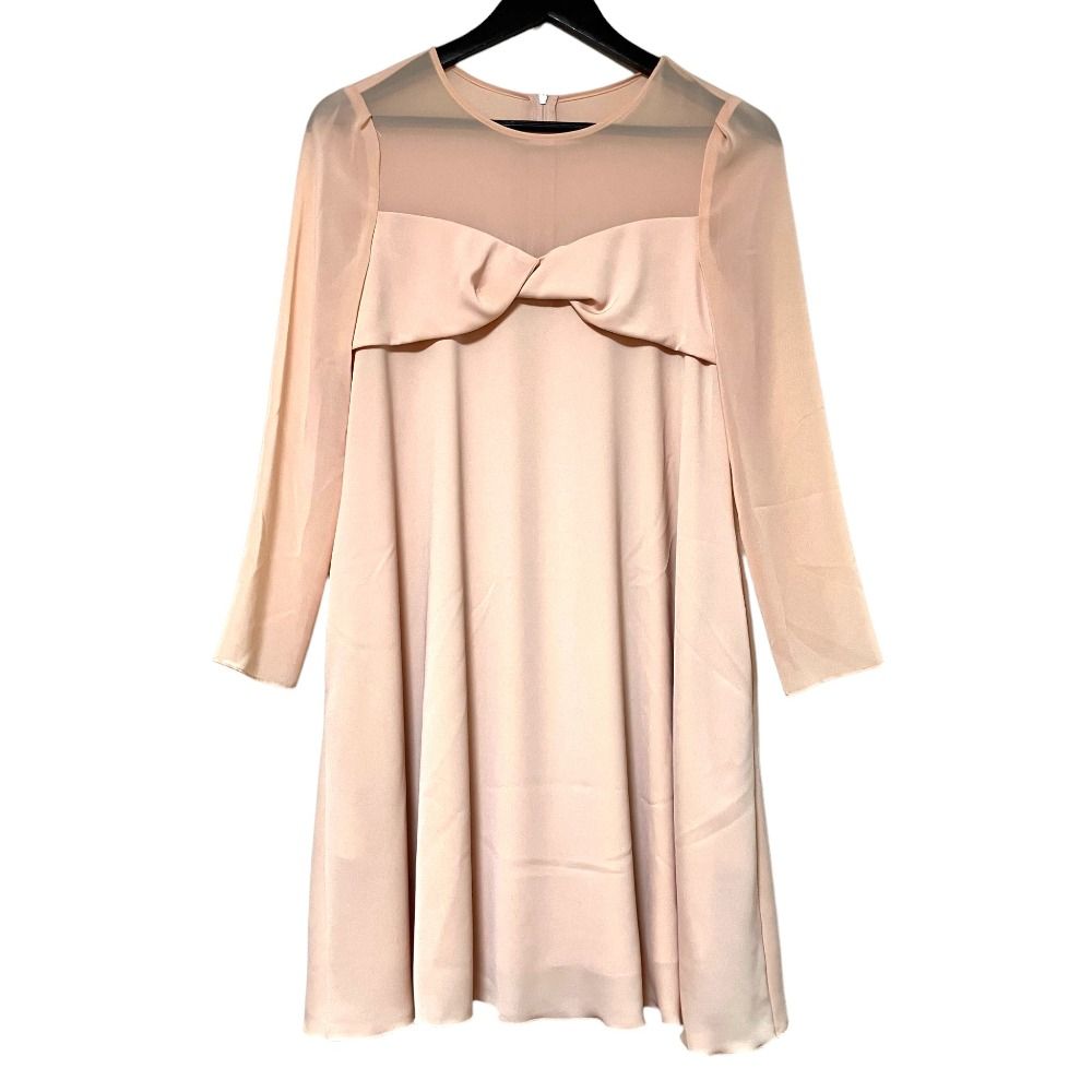 美品 FOXEY NEW YORK フォクシーニューヨーク シアー切替 フロントリボン ワンピース 32100 サイズ38 ベージュ レディース 古着 中古 USED