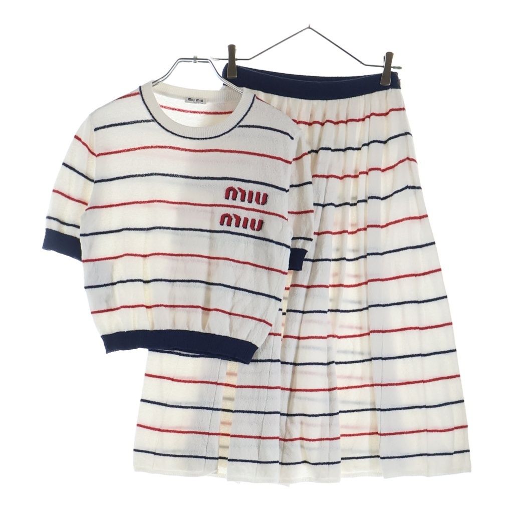 miumiu (ミュウミュウ) ストライプ サマーニット セットアップ コットン×ナイロン ホワイト
