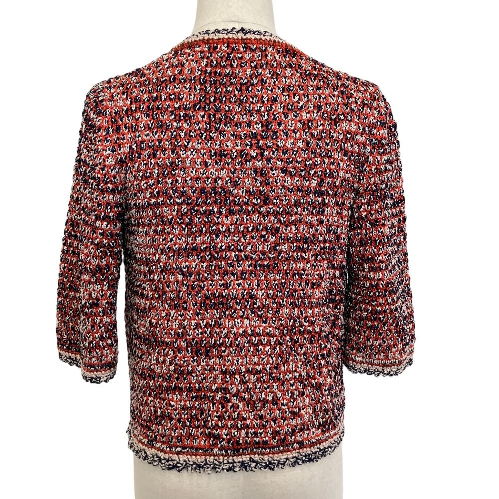 CHANEL - 極美品◎CHANEL シャネル P58593 カシミヤ100％ ココマークボタン バイカラー 半袖 ニット カーディガン レッド ネイビー 36 UK製 レディース 美品 CHANEL シャネル ココマーク チェーン ニットカーディガン P40652