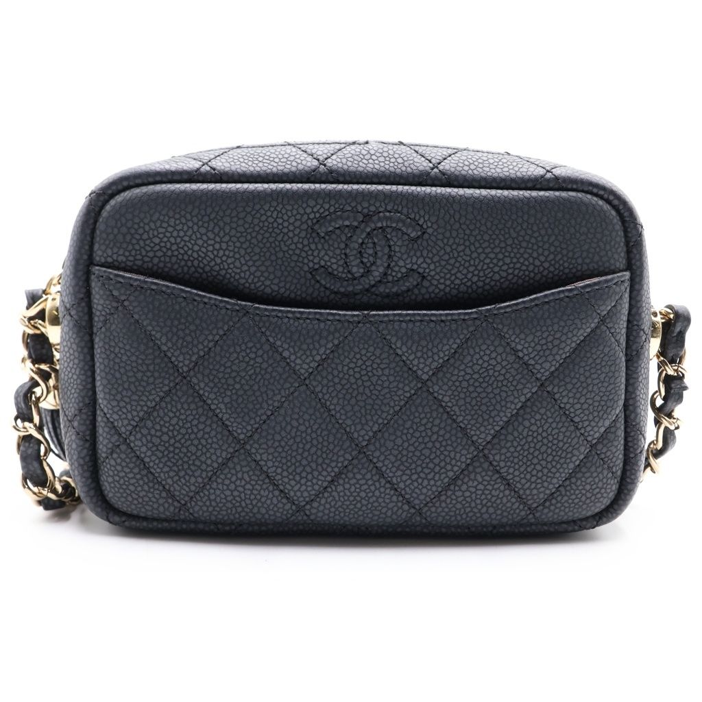 CHANEL (シャネル) マトラッセ フリンジ カメラ ショルダーバッグ グレー キャビアスキン ゴールド金具 A57719