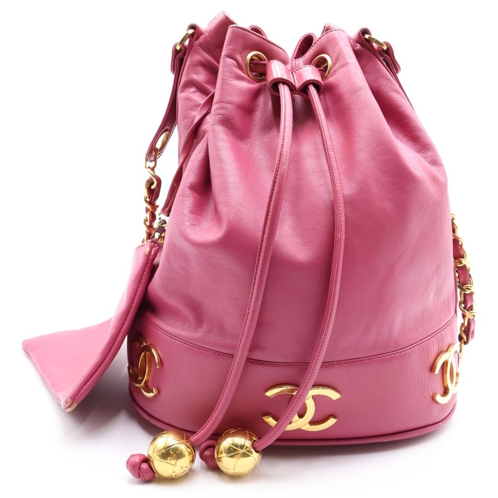 CHANEL (シャネル) トリプルココ 巾着バッグ ショルダーバッグ ピンク レザー ゴールド金具