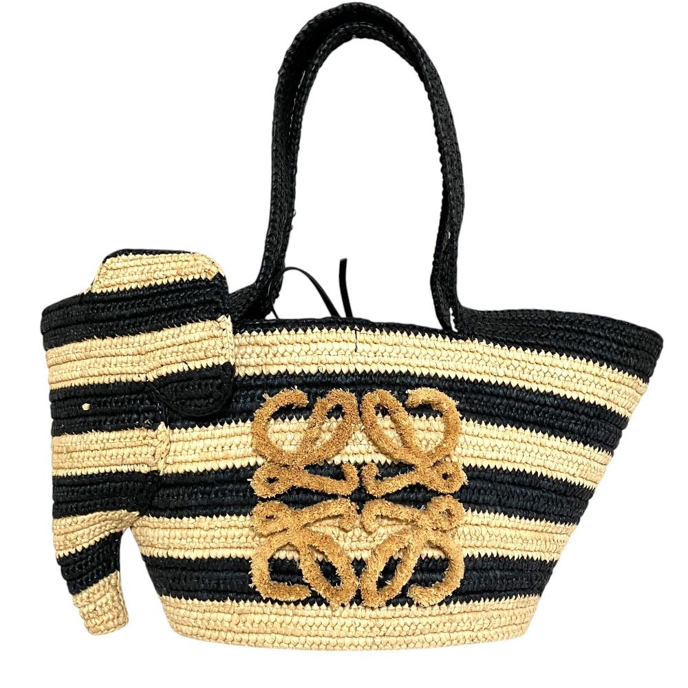 美品 LOEWE ロエベ エレファント ボーダー ラフィア カゴバッグ A223T37X02 ブラック ベージュ レディース 古着 中古 USED